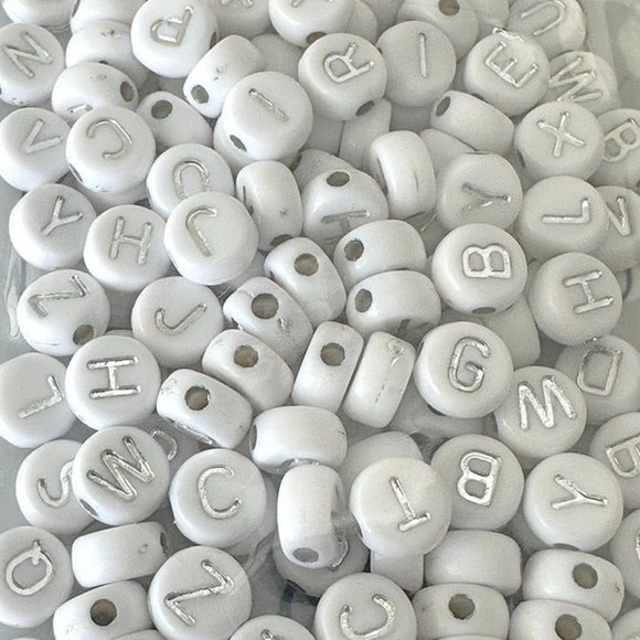 7mm White Acrylic Letter Beads - Silver Letters - Metal Enlaced - Flat Round - Picture 1 of 3